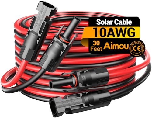 Aimou 30FT 10AWG Solar Extension Cable 10 Gauge Solar Panel Wire with Female and Male Connectors for Outdoor RV Off-Grid Photovoltaic Systems (Black+Red)