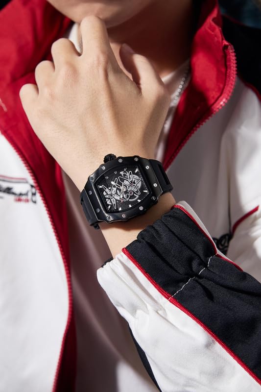 Image of Giordano Analog Skeleton Dial Watch for Men - Tonneau Case, Silicone Strap, Open-Gear Sport Design, Quartz Movement