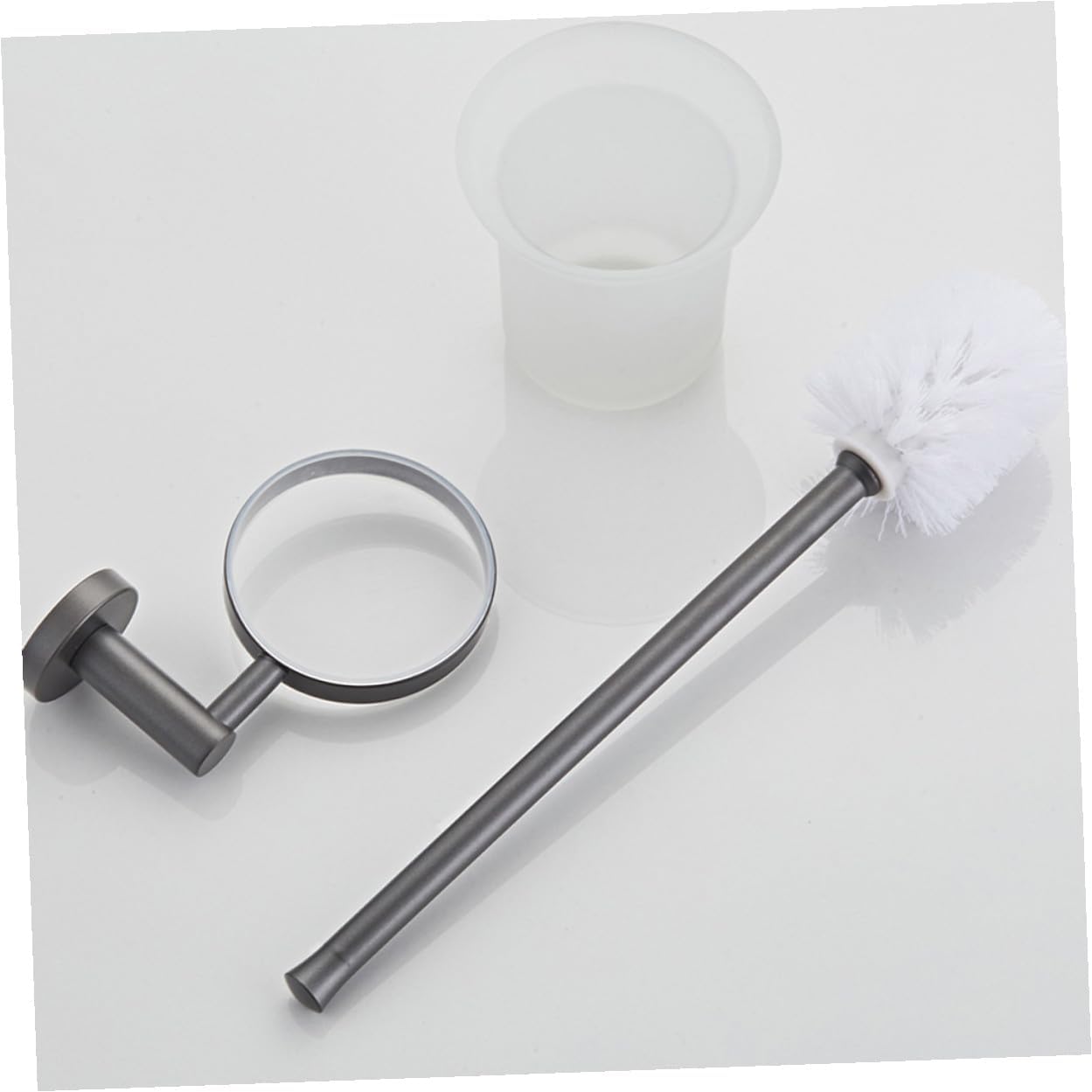 Wall-Mounted Toilet Brush Set with Round Frosted Glass Base Thick Bristle Head and Handle Space-Saving Bathroom Cleaning Tool for Home with Strong Decontamination
