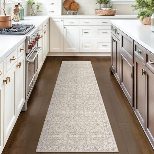 2x7 Cream Beige White Grey Washable Runner Rug for Hallways, Soft Classic Kitchen Rugs with Non-Slip, Non-Shedding Distressed Floral Rug for Hallway Entryway Bedroom Bathroom Laundry Indoor
