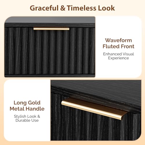 Image of VINGLI Night Stand Set 2, Fluted Nightstands with Drawer, Mid Century Modern Nightstands Set of 2, Bedside Table, End Table, Wood Nightstand for Bedroom, Black, 15.75 inch W*11.81 inch D*21.85 inch H