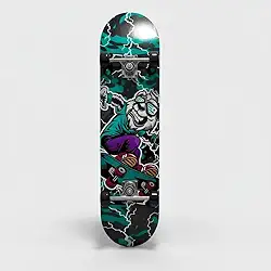 Skate Infantil Completo, 7 Lâminas de Madeira, Design Radical com Arte em Verde e Preto, Montado com Lixa para Iniciantes