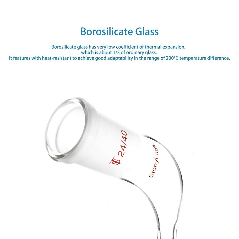 stonylab Adaptateur de Distillation à Angle de 105 Degrés en Verre, Adaptateur Coudé de Distillation en Verre Borosilicaté avec Joint 24/40 et Tube d'égouttement Conique de 100mm pour Laboratoire