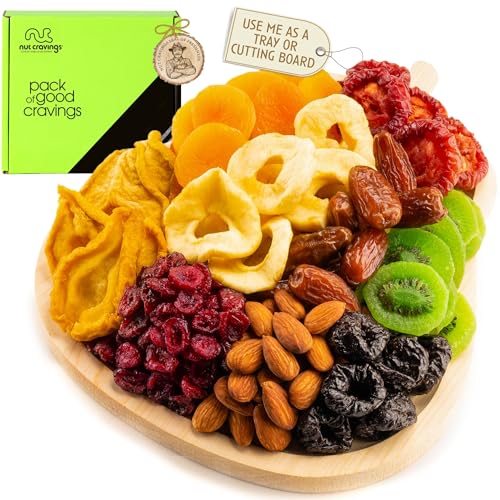 Nut Cravings Gourmet Collection - Easter Dried Fruit & Mixed Nuts Gift Basket in Wooden Pear-Shaped Tray (9 Assortments) Purim Mishloach Manot Arrangement Platter, Healthy Kosher USA Made