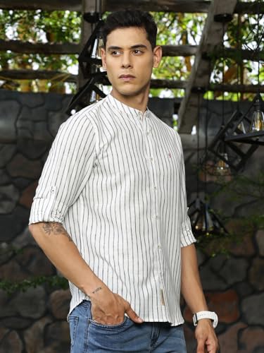 Image of Thomas Scott Men's Slim Fit Cotton Linen Casual Shirt with Mandarin Collar | Vertical Stripes | Three-Quarter Roll-Up Sleeves