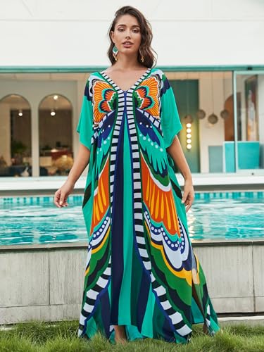 Image of sunforyou Kaftan Dresses for Women Plus Size Lightweight Swimsuit Cover up Batwing Sleeve Print Loungewear Beach Robe