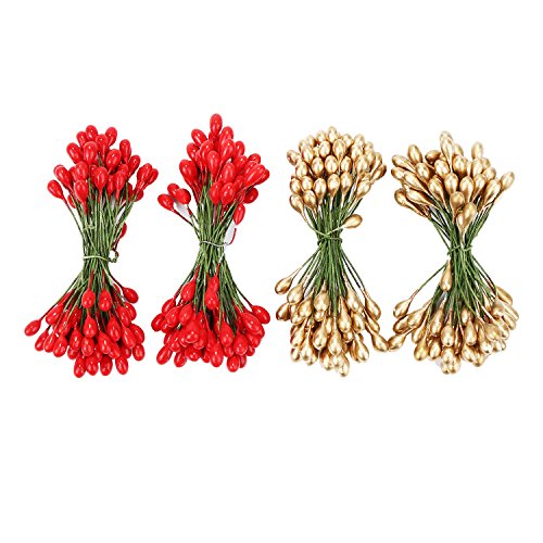 Shappy 400 Pieces Elliptical Artificial Holly Berries on Wire for Christmas Decoration and Floral Arrangement (Red and Gold)