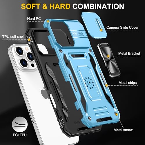 Image of Polycarbonate Slide Camera Cover with Ring Holder Mobile Phone Back Cover for iPhone 16 Pro (Blue)