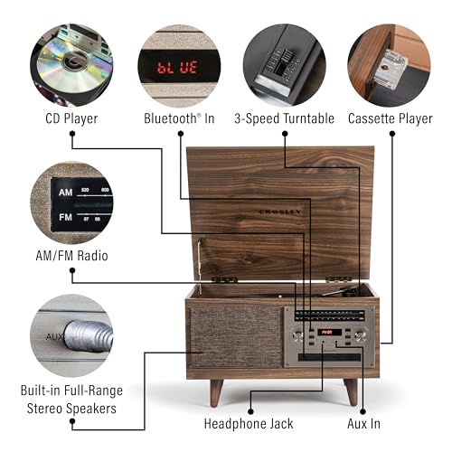 Image of Crosley CR7023A-WA Serenade 8-in-1 Record Player, Walnut | 3-Speed Turntable, Bluetooth In, Built-in Full-Range Stereo Speakers 20W Peak, AM /FM Radio