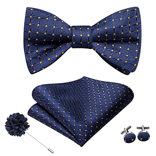 Image of Hi-Tie 5Pcs Mens Solid Color Silk Tie Satin Pretied Bowtie Lapel Pin for Men Handkerchief Cufflink Wedding Gift Box