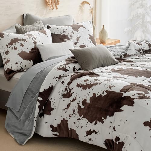 Petrichor Velvet Flannel King Comforter Set- Cow Print Western Style Blanket Luxury Fuzzy Heavy Bedding Set 3 Pieces Plush Winter Bed Set with Comforter (90x104) & 2 Pillow Shams (20x36