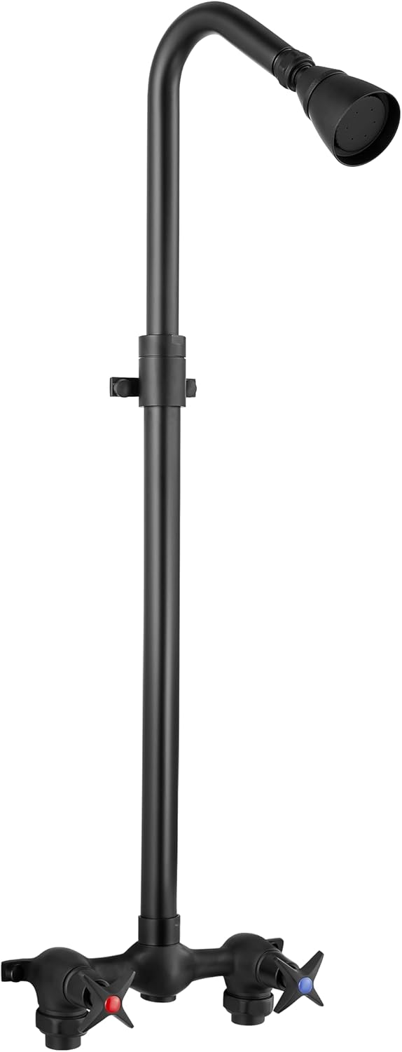 Aolemi Outdoor Shower Kit Fixtures Faucet System Double Handle Exposed Shower with Brass Mix Valve and Height-Adjustable Shower Pipe 6 Inch Center with Showerhead Matte Black