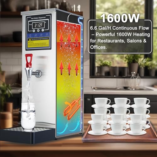 Image of Hot Water Dispenser Commercial Water Boiler Countertop Hot Water Machine Stainless Steel Step-heating Temperature Control 86-212F for Boba Tea Coffee Office Restaurant 1600W, 25L(6.6GAL) /Hour, Silver