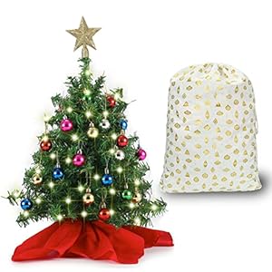 20″ Tabletop Pre-lit Mini Christmas Tree Set with Clear LED Lights, Artificial Mini Christmas Tree with Star Treetop and Ornaments, Best DIY Christmas Decorations (Storage Bag Included)