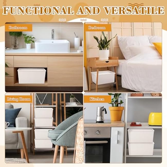 4 Pcs Storage Bins with Lids Plastic Containers Stackable Storage Box Baskets for Organizing Shelves(Beige, Small)