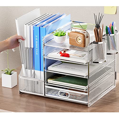 Image of Marbrasse Desk Organizer with File Holder, 5-Tier Paper Letter Tray Organizer with Drawer and 2 Pen Holder, Mesh Desktop Organizer and Storage with Magazine Holder for Office Supplies (Silver)