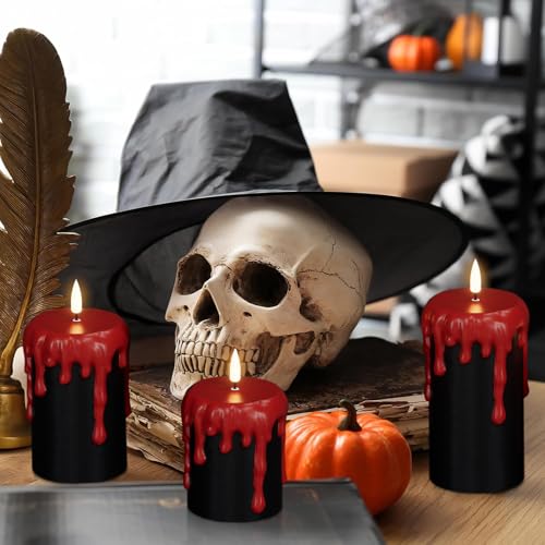 Image of Battery Operated Flameless Candles with 6H Timer, Blood Dripping Wax Effect Black LED Pillar Candles 3D Wick Flickering Spooky Halloween Indoor Decoration Light(3 Pack, 3 x 4,5,6 Inches)