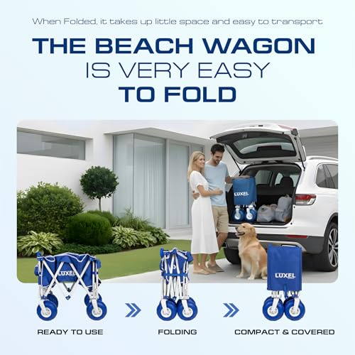 Image of Beach Wagon with Big Wheels for Sand - Heavy Duty Collapsible Folding Utility Wagon Cart 300lbs Capacity with 9 inch All-Terrain Pneumatic Tires & Cup Holders - Portable Garden Camping Outdoor Cart (Blue)