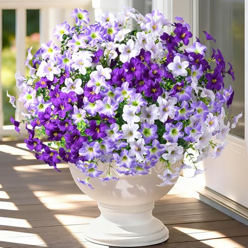 MARTINE MALL 12 Bundles Look Real Artificial Flowers for Outdoors Realistic Fake Outdoor Flowers UV Resistant Silk Petunia Flowers for Outside Faux Flowers for Outdoor Garden Mixed Purple