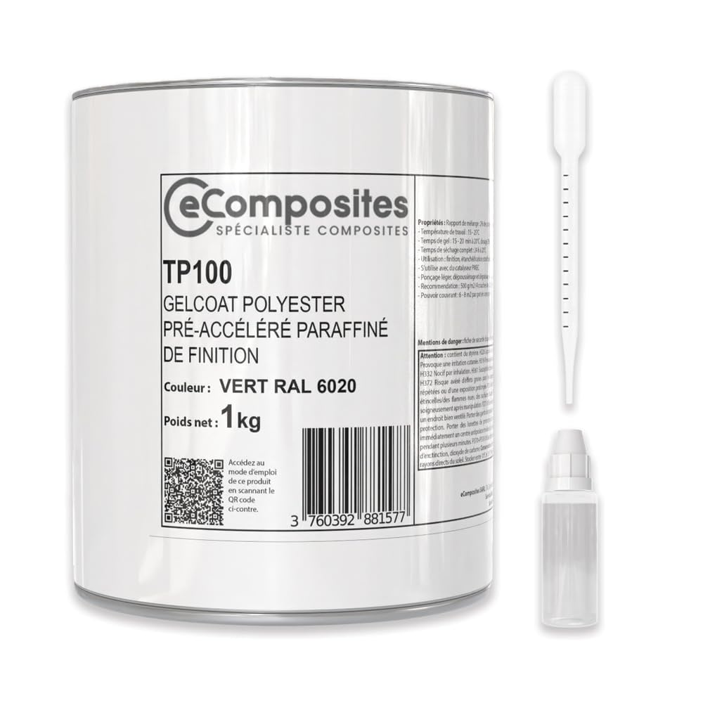 Gelcoat Polyester | 1 kg | Vert RAL 6020 | + Catalyseur PMEC + Pipette de dosage 3 ml, Gel Coat pour Bateau, Topcoat pour Camping car