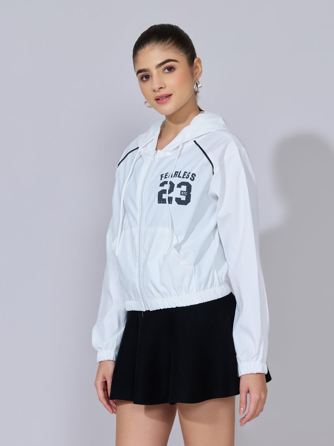 SHOWOFFFF Women Graphic Bomber Jacket | Hooded Full Sleeves Nylon Jacket for Womens | Regular Fit Regular Length Jacket for Women's | WhiteBlack-L 2