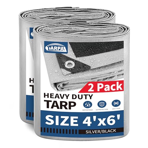 TARPAL Small Tarps 4x6 Feet(2-Pack) Heavy Duty Tarp 10.5Mil Multipurpose Protective Cover Waterproof Snow or UV Protection Durable Reinforced Edges Silver/Black