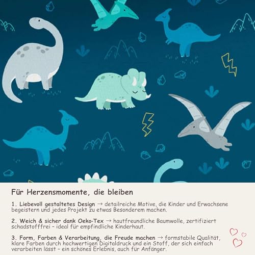 Dinosaurier Premium Baumwollstoff für Kinder - Dino Kinderstoff & Jungenstoff - Stoffe zum Nähen - Baby Dinos wie T‑Rex & Stegosaurus für Kleidung, Accessoires & Deko - keine Meterware immer 50x150cm