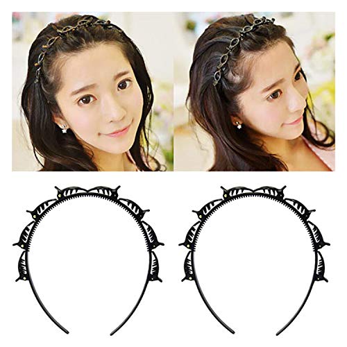 YEENIM Double Bangs Hairstyle Hairpin Headband 2Pcs Korean Braided Headband for Women Double Layer Twist Plait Multi-Layer Hollow Woven Headband Hair Tools Accessories for Girls Kids (Black)