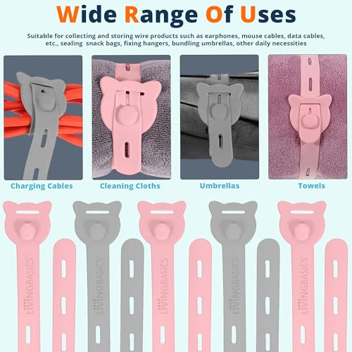 Image of LivingBasics 10 Pcs Silicone Reusable Cable Ties /Wire Ties /Adjustable Cable Organizer /Elastic Cord Organizer /Reusable Silicone Cord Straps for Earphones, PC, Wires, Chargers, Desk (Grey)