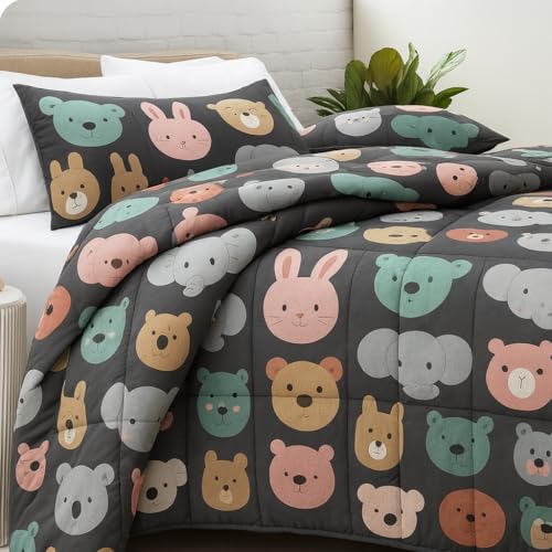 Image of 200 GSM 400 TC Kids Glace Cotton Reversible Cartoon Printed Double Bed King Size Comforter with Matching Bedsheet 90x100 Inches with 2 Pillow Covers Set of 4 Pieces- Grey Teddy