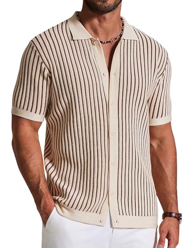 Image of COOFANDY Mens Knit Button Down Shirts Short Sleeve Polo Shirt Vintage Striped Casual Shirts