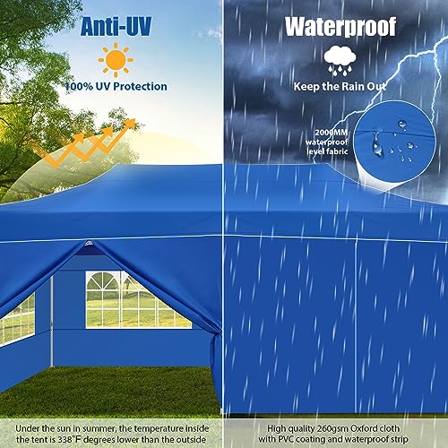 Image of HOTEEL 10x20 Pop up Canopy Tent for Parties, Heavy Duty Easy Setup Tent with 6 Sidewalls, Outdoor Commercial Instant Gazebo for Wedding Event, with Roller Bag & Sand Bags, Blue(Hexagonal Frame)