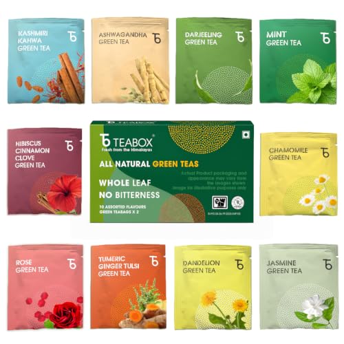 Teabox Wellness Assorted Flavoured Green Tea Bags | 20 Bags, 10 F...