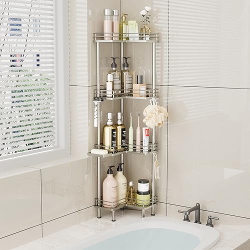Image of Consumest Corner Shower Caddy Standing - 4-Tier Stainless Steel Shower Organizer with Soap Holder and 4 Hooks, Large Capacity Corner Shelf Stand for Bathroom, Rest Room, Sand Nickel