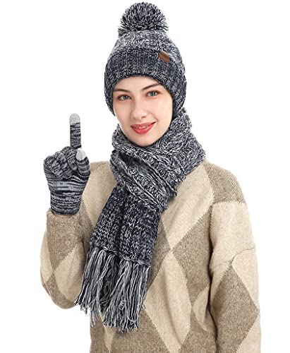Ensemble bonnet écharpe gants femme tricot bleu marine hiver GFM TPS-E taille unique
