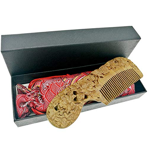Chinese Wood Comb Handmade Rose Carved Craft Natural Green Sandalwood Exotic Hair Combs Gift-No Static and No Snag with Box & Bag