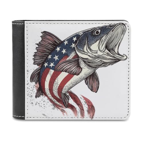 Large Mouth Bass with American Flag Pattern Soft PU Leather Bifold Wallet, Coin Purse Credit Pass Case, Durable Card-Holder Slim Billfold for Men Woman Money Storage