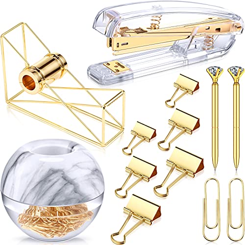Desk Accessory Kit Set of Desktop Stapler Tape Dispenser Clips Clip Holder 2 Diamond Ballpoint Pens and 6 Blinder Clips for School Office Stationery Desk Home Supplies (Gold with Marble Pattern)