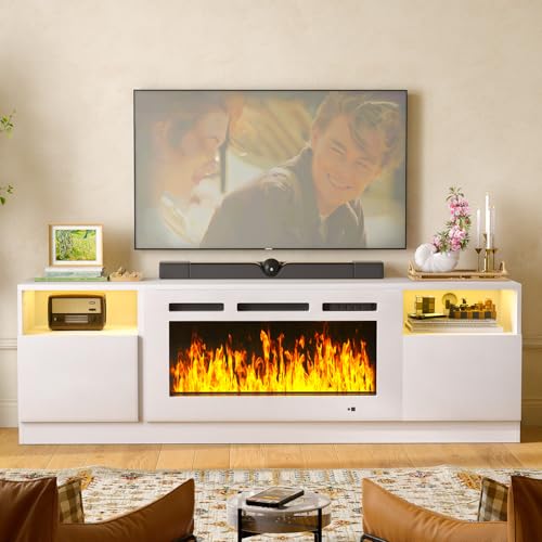 Image of MXV 70 inch Fireplace TV Stand for TVs Up to 80 inch, LED Light Entertainment Center with 36 inch Electric Fireplace, Modern Wood Texture TV Media Console with Highlight Storage Cabinet, White-White