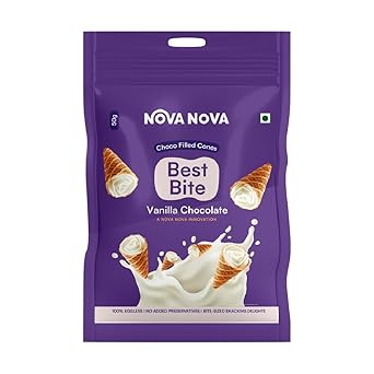 Nova Nova Best Bite Choco Filled Cones | Vanilla Chocolate | 100% Eggless | No Added Preservatives (50g) - image, photos
