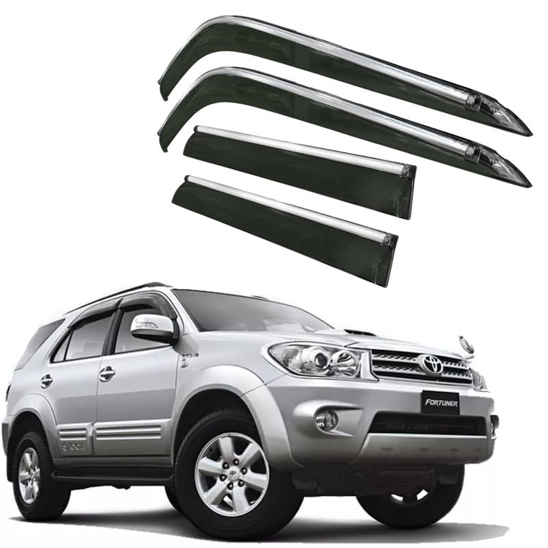 Image of CAR SAAZ Side Door Visors for Fortuner Type 1&2(2009-2015)(Set of 4Pcs)|Chrome Lined Rain Guards, Polycarbonate, Smoke Finish