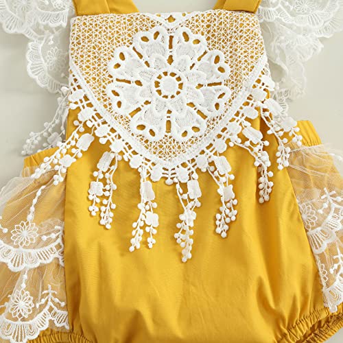 Newborn Baby Girl Lace Romper Floral Embroidery Ruffles One Piece Romper Bodysuits Outfits Spring Summer Clothes (9-12 Months, Yellow) #TOP3