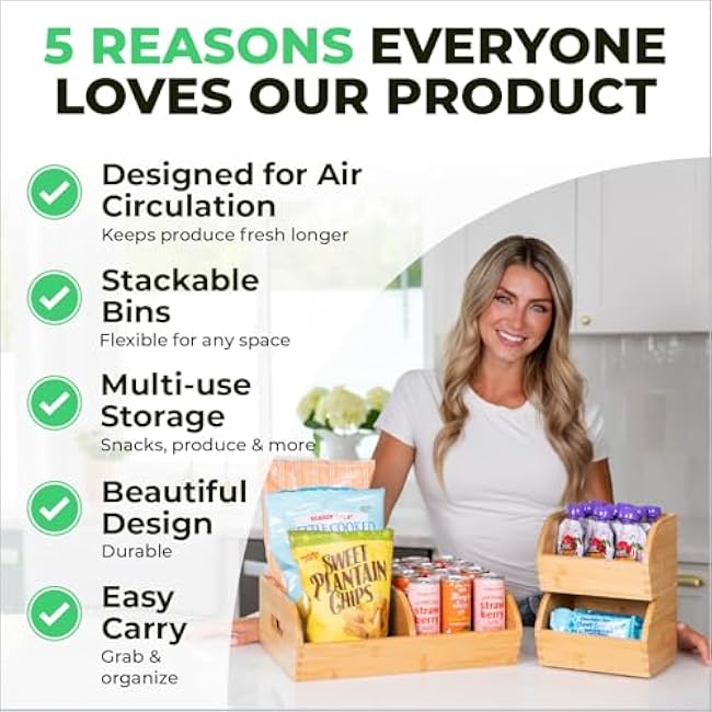 Potato and Onion Storage Bin for Pantry and Kitchen Counter - Ventilated Stackable Bamboo Organizer Baskets with Handles - Multipurpose Organization Containers for Fruit, Vegetable, Pantry - 3 Pack