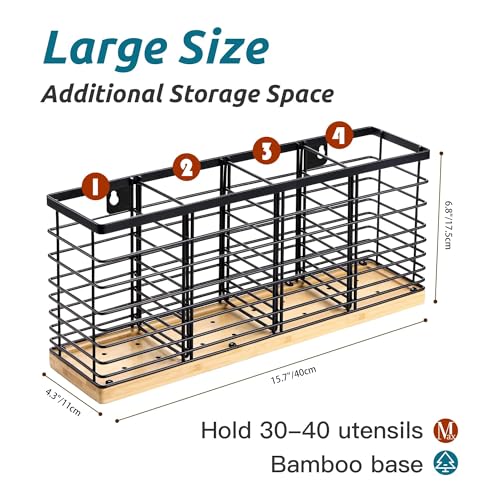 Suli Extra Large Kitchen Utensil Holder with 4 Compartments,Matte Black Metal holder with Wooden Base for Countertop,Farmhouse Utensil Organizer for counter, Rustic Cooking Storage Caddy for Corner - Image 4