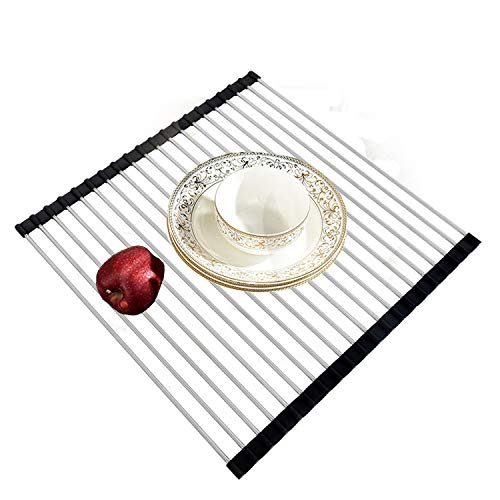 Image of Wide Over Sink Roll-Up Dish Drying Rack SUS304 Stainless Still Dish Rack Foldable Multi-Use Kitchen Sink Dish Drainers, Drying /Draining /Trivet (Black)