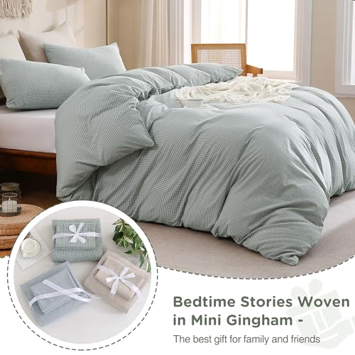 Image of TOCOMOA Mini Gingham Green Duvet Cover Bedding Set 100% Washed Cotton Like Linen Feel Super Soft Comfortable 3 Piece Small Plaid Checkered Comforter Cover Set (Queen 90 inchx90 inch, Comforter Not Included)