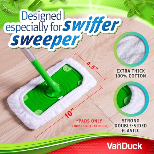 Image of VanDuck Reusable 100% Cotton Mop Pads for Swiffer Sweeper (4-Pack) | Mop not included, reusable terry cloth mop covers, cotton replacement refills, machine washable wet mopping pads
