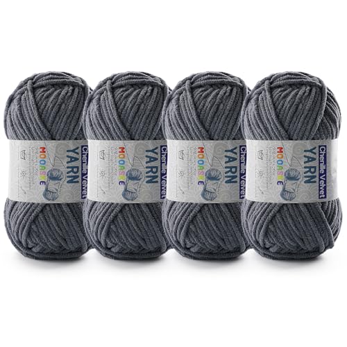 Image of 4 Pac Chenille Yarn for Crocheting - Blanket Yarn for Crocheting - Fluffy Yarn for Crochet, Baby Yarn for Crocheting Soft Blankets Weight Per Roll 50g /1.76oz, Length 60m /65yard (Dark Grey)