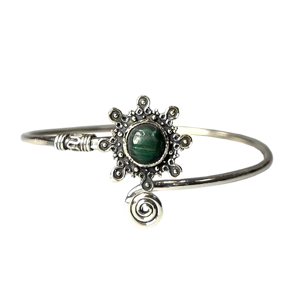 VIE Silver Plated Adjustable Sunburst Spiral Cuff Bangle, Malachite