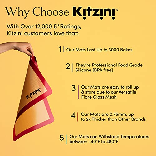 Kitzini Silicone Baking Mat Set. Non-Stick Silicone Mats for Baking. 2 Half Baking Sheets. BPA Free. Professional Grade Silicone Baking Sheet. Silicone Baking Mats for Cookies, Macarons & Pastry